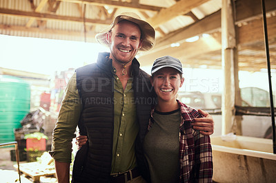 Buy stock photo Portrait, hug and smile with couple on farm for agriculture, peace and growth. Teamwork, bonding and love with man and woman in countryside for eco friendly sustainability, health and environment