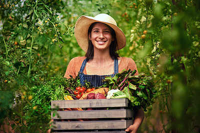 Buy stock photo Farmer, agriculture and portrait of woman with crate on farm after harvest of summer vegetables. Farming, female person and smile with box of green product, food or agro in nature for sustainability