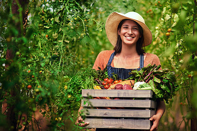 Buy stock photo Farmer, agriculture and portrait of woman with box on farm after harvest of summer vegetables. Farming, female person and smile with crate of green product, food and agro in nature for sustainability