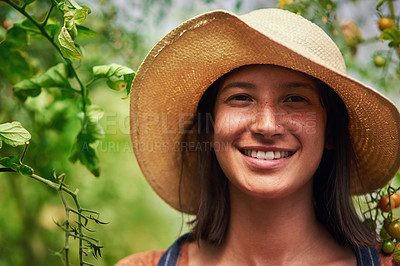 Buy stock photo Portrait of an attractive young female farmer posing outdoors in the fields at her farm