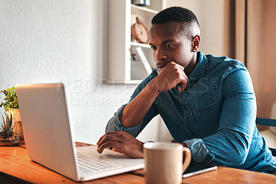 Buy stock photo Man thinking, typing and working on a laptop remote for a social media startup content writing business. Planning, focused and serious freelancer, writer or author reading and reviewing an article 