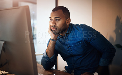 Buy stock photo Businessman, bored and tired with monitor in office, problem solving and solution with decision at night. Working late, web designer and computer for programme, website layout and fatigue of employee