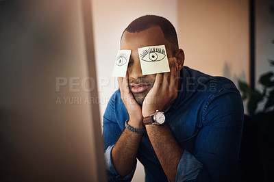 Buy stock photo Tired businessman, office and sticky note on eyes for work burnout, fatigue and sleeping with overtime by desk. Guy, paper drawing and nap for low energy, mental health and exhaustion with insomnia