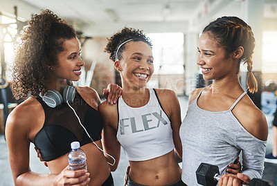 Buy stock photo Shot of a group of happy young women enjoying their time together at the gym
