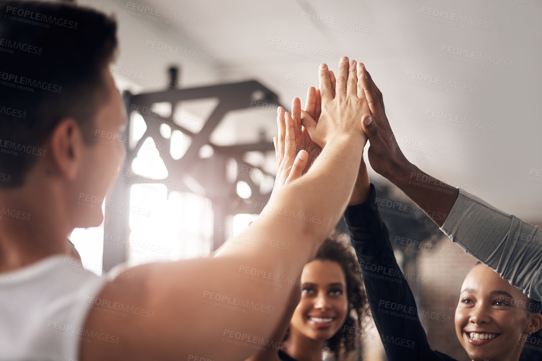 Buy stock photo Fitness, motivation and high five of people in gym for teamwork, support and target. Workout, exercise and training with hands of friends in sports center for team building, challenge and achievement