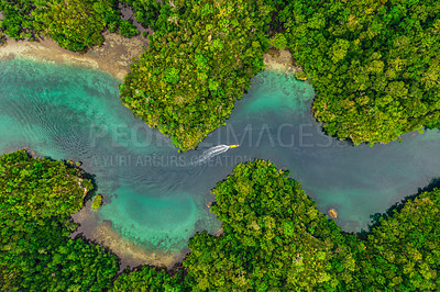 Buy stock photo High angle shot of a little islets and islands in the middle of Indonesia