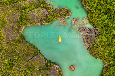 Buy stock photo Nature, aerial view and landscape of island for beach, holiday and summer vacation in Greece. Travel, background and drone of seacape destination in tropical water, ocean and traveling on islands