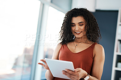 Buy stock photo Tablet, online and business woman in office for research project, website review and internet. Creative worker, professional and person on digital tech for networking, planning and connection