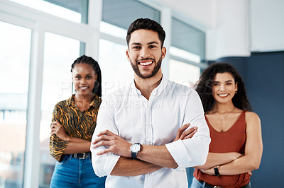 Buy stock photo Leader, arms crossed or portrait of happy designers with confidence in startup or creative company. People, development or proud employees in office for interior design agency, mission or job skills