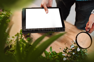 Buy stock photo Cropped shot of an unrecognizable young boy holding a digital tablet and a magnifying glass while experimenting with plants at home