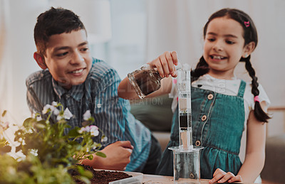 Buy stock photo Cropped shot of an a adorable little girl filtering dirty water while doing plant experiments with her brother at home