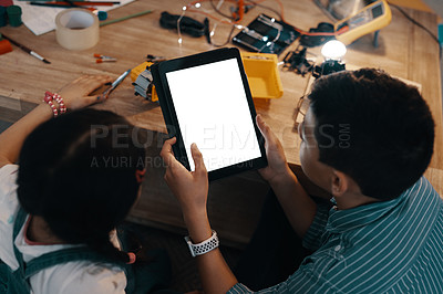 Buy stock photo Tablet screen, kids and learning robotics on app for engineering, stem or programming in home above. Robot, children or siblings on technology or electronics to code software for education on mockup