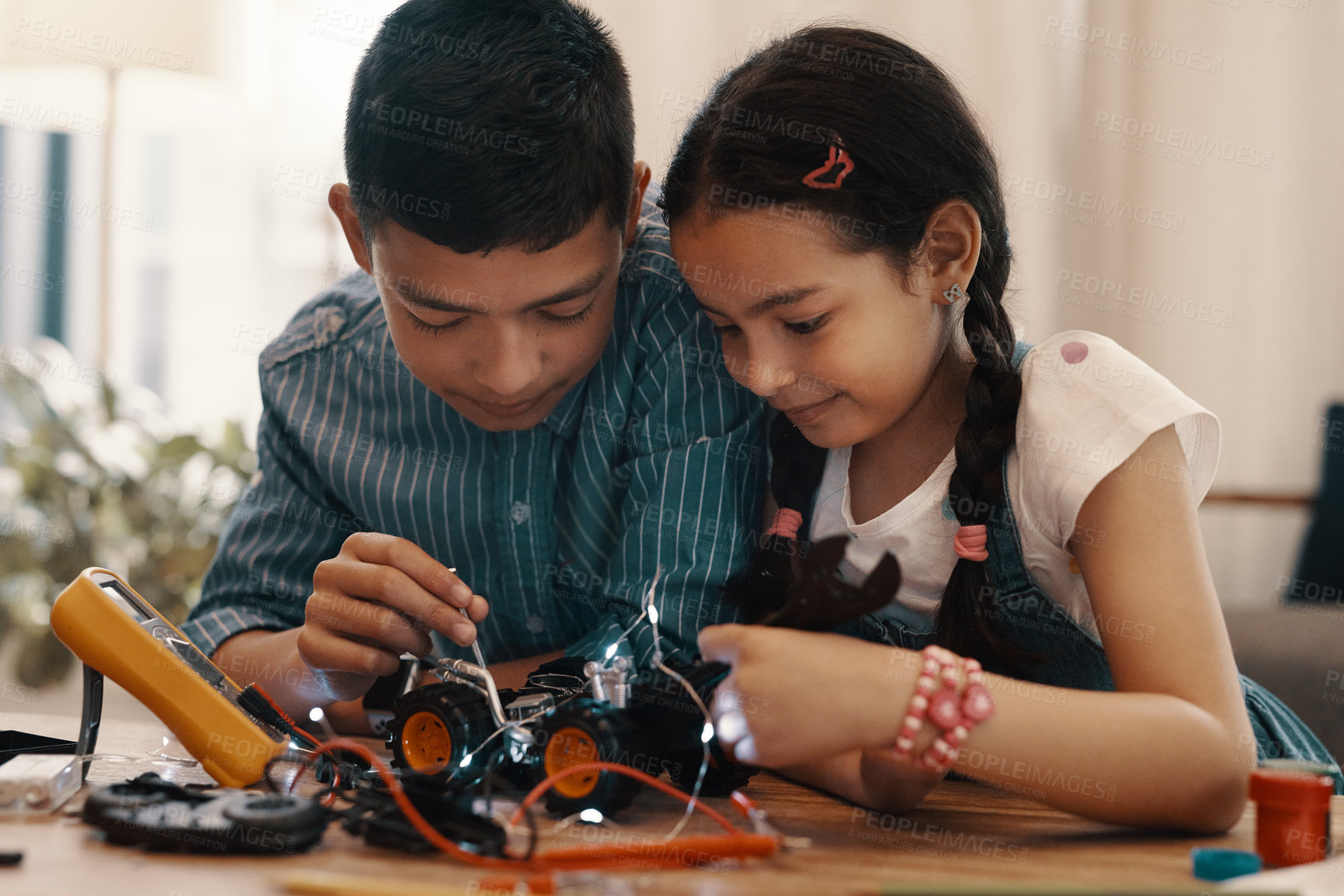 Buy stock photo Children, tools and car robotics for education with machine learning, developing and study of electronic transport. Boy, girl and vehicle engineering for stem toys, circuit building and house