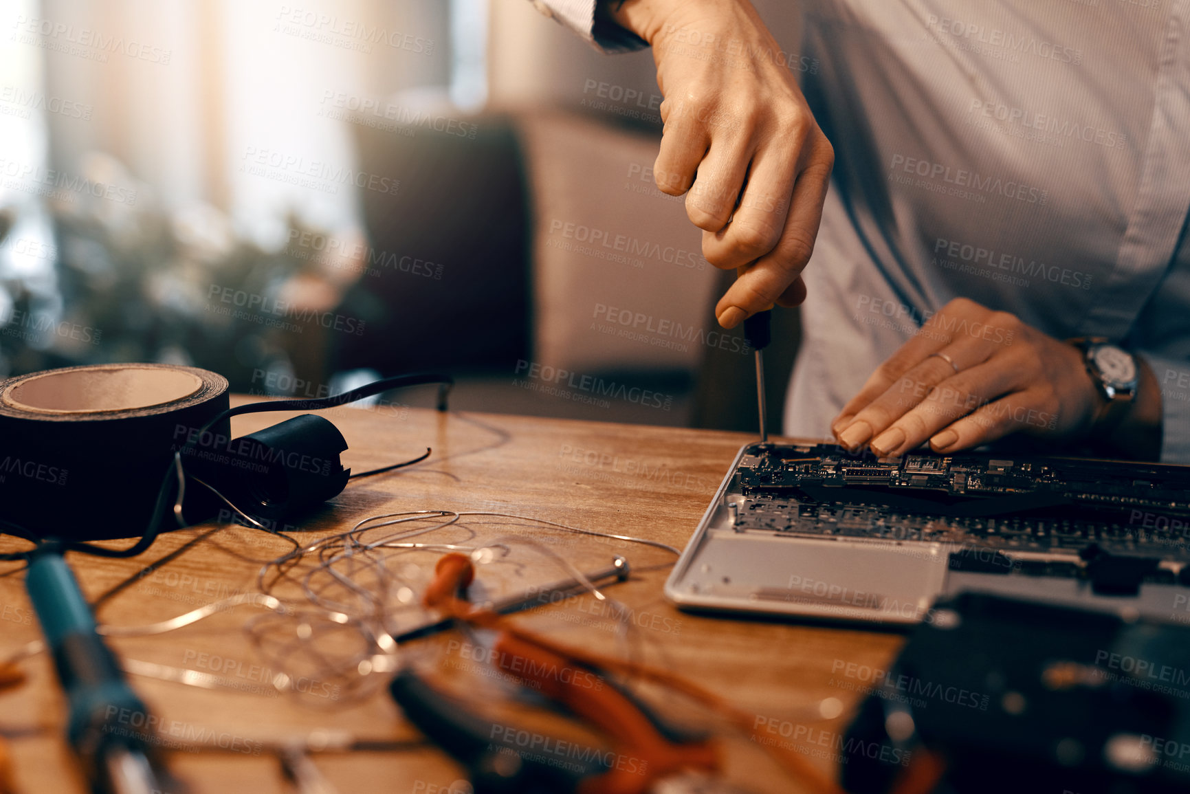 Buy stock photo Woman, hands and technician with screwdriver for repair, system restoration and motherboard for tech diagnostics. Female pc programmer, closeup and hardware in home for IT support and data recovery.