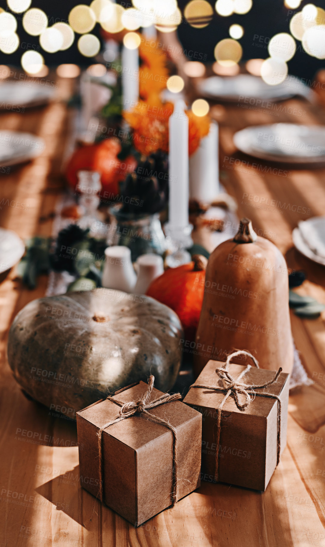 Buy stock photo Pumpkin, thanksgiving and holiday celebration or table in a home dining room with decoration for a party. Season, art and gift background with vegetable, candles and rustic dinner inspiration