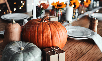 Buy stock photo Thanksgiving, pumpkin and holiday celebration or table in a empty home dining room with decoration. Season, art and creative background with orange vegetable, place setting and rustic inspiration