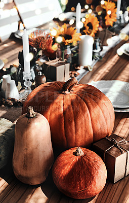 Buy stock photo Shot of a table set up for a Thanksgiving celebration at home