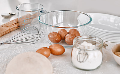 Buy stock photo Shot of various baking items on a kitchen counter at home