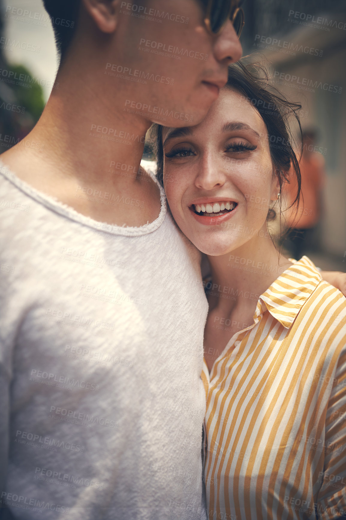 Buy stock photo Portrait, hug and couple in city for travel holiday, relax and outdoor bonding together on romantic date. Love, man and woman embrace in street with smile, adventure walk or happy vacation in Vietnam