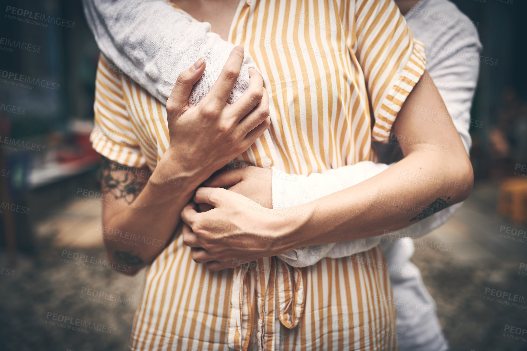 Buy stock photo Hug, hands and couple in city for travel on holiday, vacation and honeymoon together. Love, tourist destination and closeup of man and woman in street for adventure, journey and embrace in Vietnam