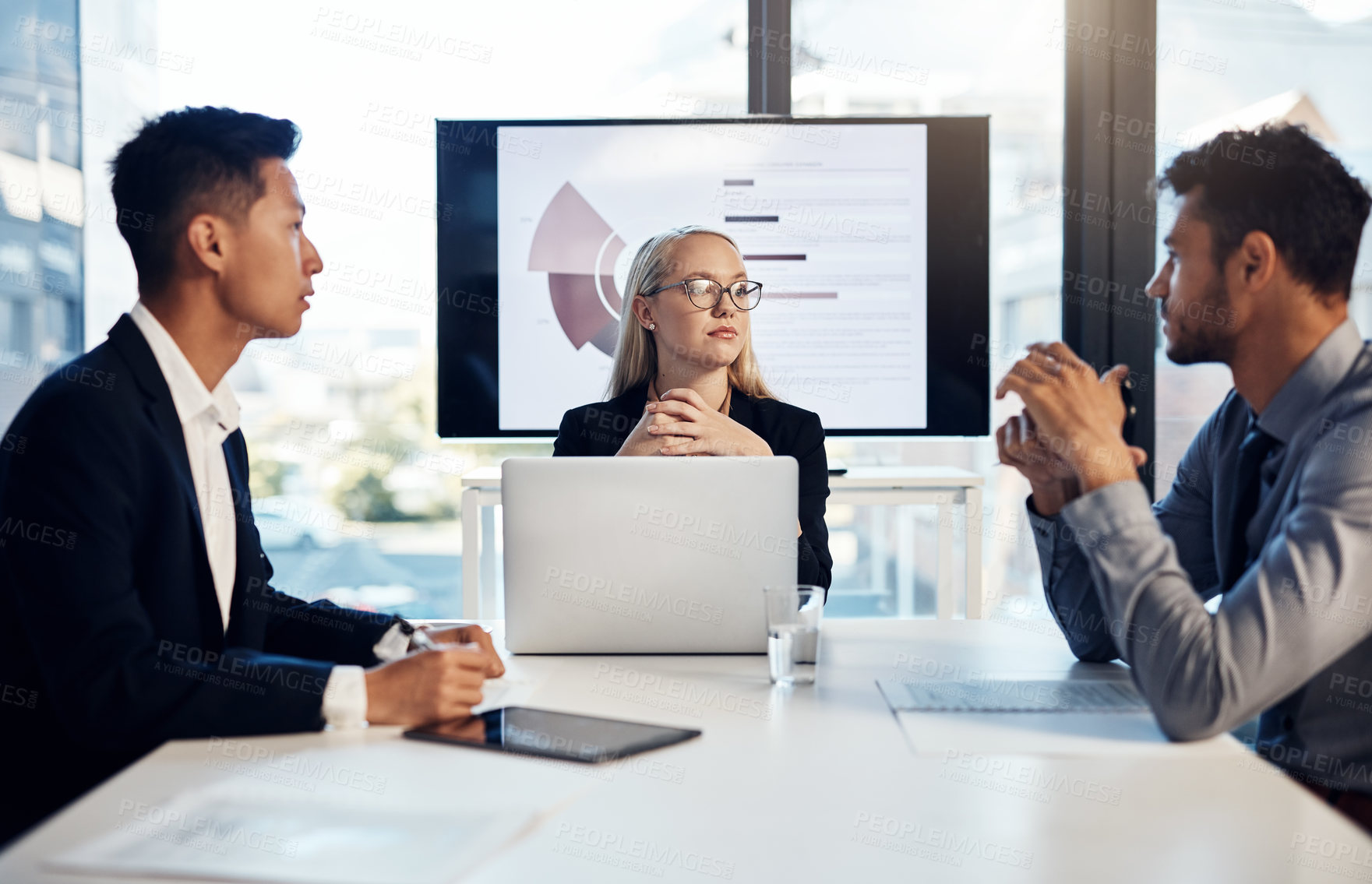 Buy stock photo Business people, listening and woman in boardroom for meeting, teamwork and brainstorming. Company merger, men and project manager for planning, feedback and marketing review with charts by tv screen