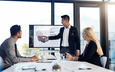 Buy stock photo Presentation, meeting and finance with a business man talking to his team in the office boardroom. Training, workshop and education with an asian coach teaching staff using a graph display at work