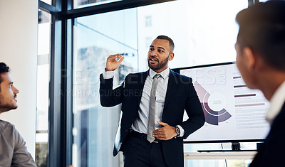 Buy stock photo Presentation, meeting and growth with a business man talking to his team in the office boardroom. Training, seminar and finance with a coach teaching staff using a graph display during a workshop