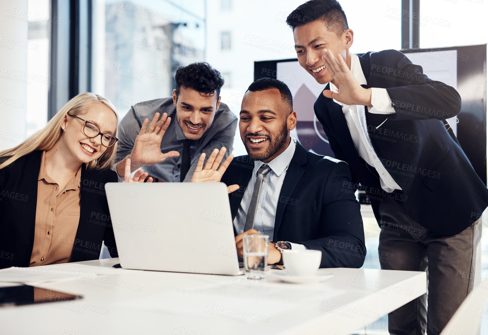 Buy stock photo Business, people and wave with laptop on video call for conference and online meeting. Diversity, employees and happy in office with greeting for virtual seminar or webinar for feedback on project