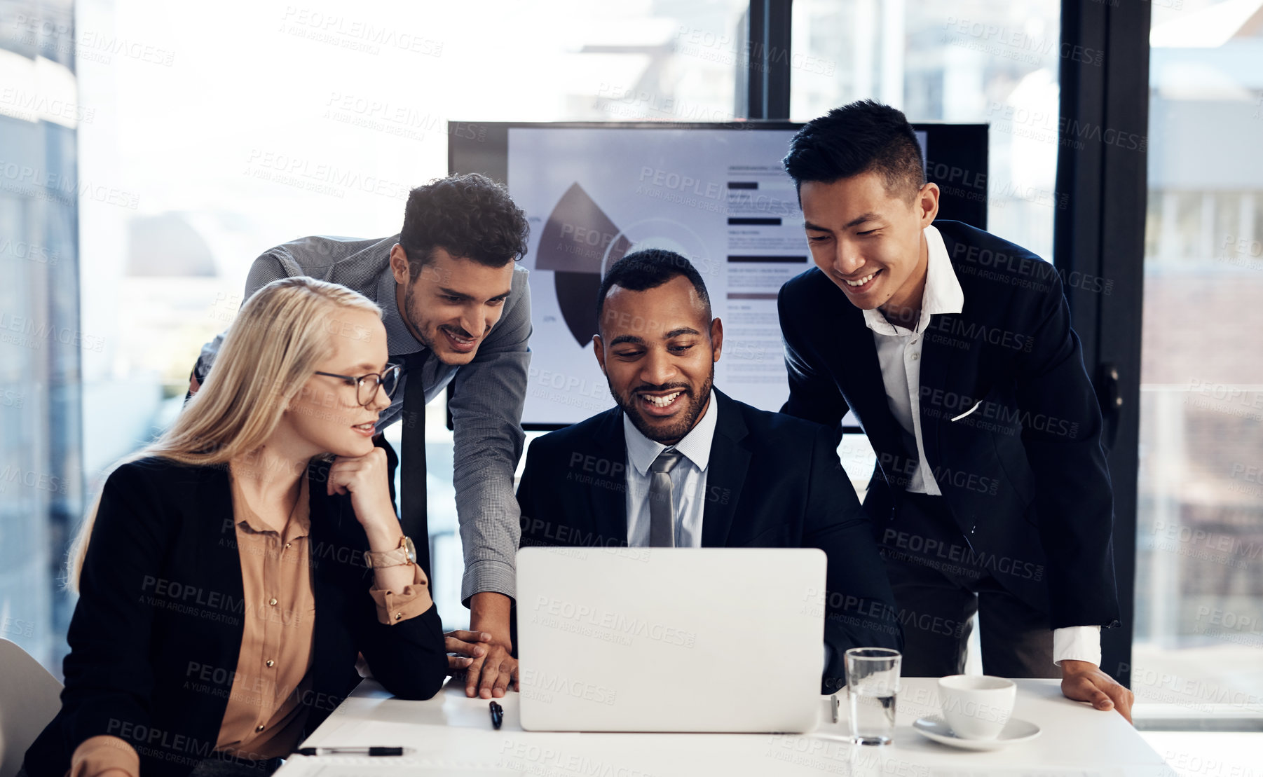 Buy stock photo Smile, employees and laptop in office with pitch for strategy on project proposal and ideas. Business, presentation and happy at boardroom for teamwork or collaboration with report and feedback