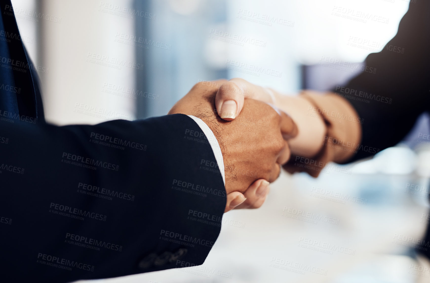 Buy stock photo Handshake, onboarding and business people in office for corporate merger, agreement or meeting. Partnership, finance offer and banker shaking hands with client for b2b company deal in collaboration.