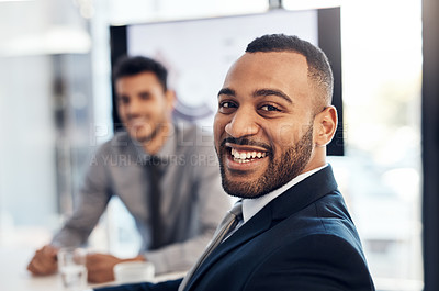 Buy stock photo Boardroom, portrait and corporate man in meeting, business training and workshop for project feedback. Office, coworker or male consultant with smile for company, professional growth and confident