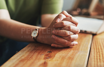 Buy stock photo Woman, hands and praying on desk for worship, jesus christ and christian praise for salvation in home. Female person, spiritual healing and thank you to God, practice religion and grace for peace