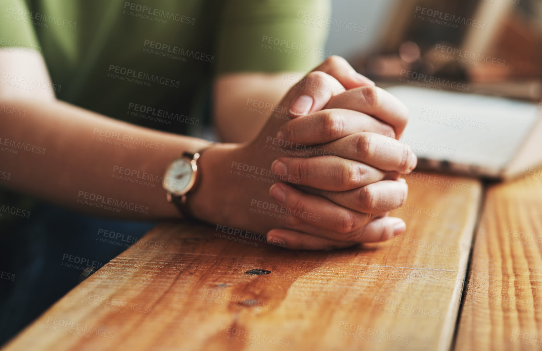 Buy stock photo Woman, hands and praying on desk for worship, jesus christ and christian praise for salvation in home. Female person, spiritual healing and thank you to God, practice religion and grace for peace