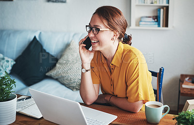 Buy stock photo Remote work, phone and woman employee on a call happy about conversation on a cellphone in her home or house. Laptop, freelancer and happy female communication worker working in her apartment
