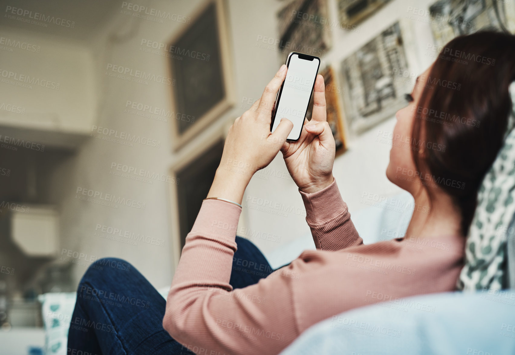 Buy stock photo Mockup, phone and relax with woman in living room for social media, networking and communication. Dating app, technology and contact with female person at home for connection, digital and internet