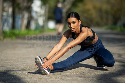 Buy stock photo Indian girl, stretching and park to exercise, portrait and nature for fitness, relax and workout in city. Outdoor, performance and balance of person, training and energy for legs and sports in summer