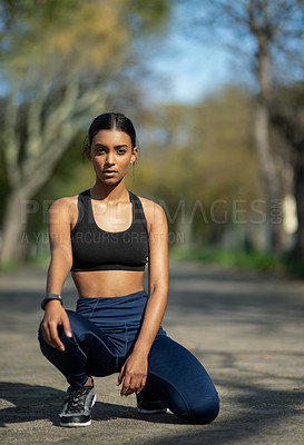 Buy stock photo Girl, serious and park to exercise, portrait and nature for fitness, relax and workout in city. Outdoor, performance and balance of Indian person, training and energy for body and sports in summer