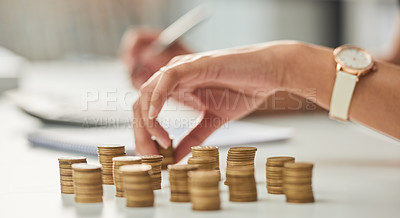 Buy stock photo Stacks, hands and business with woman, coins and counting tips for savings and budget in office. Person, employee or accountant with money or cash for increase profit or invest with deposit or salary