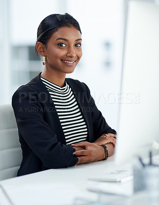 Buy stock photo Woman, portrait and smile with office, confidence and working for professional law firm. Attorney, technology and corporate employee with computer, social network and ambition for startup agency