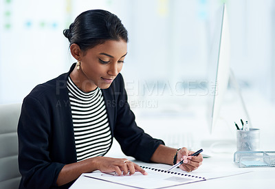 Buy stock photo Business, woman and documents with pen in office for article idea, strategy and brainstorming. Journalist, writer and female person with paper at workplace for review, planning and editing at desk