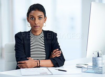 Buy stock photo Portrait, business and woman at desk with arms crossed, accountant and professional with computer. Face, financial advisor and economist with confidence and pc with corporate job, broker and employee