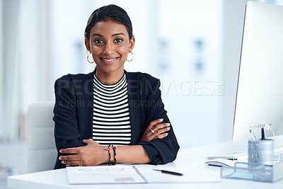 Buy stock photo Lawyer, portrait and smile with office, confidence and working for professional law firm. Woman, technology and corporate employee with computer, social network and ambition for startup agency