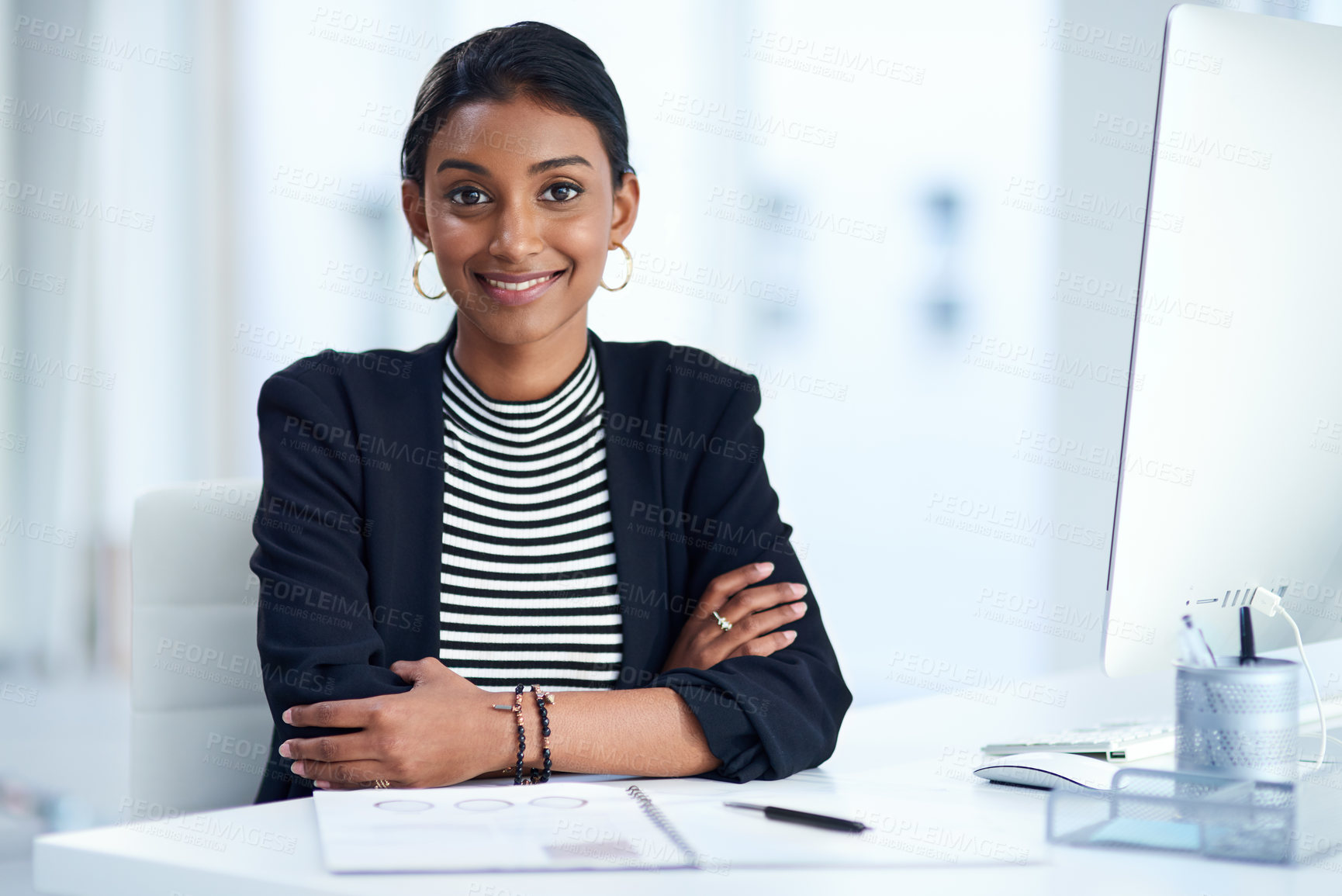 Buy stock photo Lawyer, portrait and smile with office, confidence and working for professional law firm. Woman, technology and corporate employee with computer, information folder and ambition for startup agency