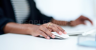 Buy stock photo Hand, mouse and business woman in office with finance research for corporate tax return planning. Technology, accounting career and female financial consultant working on computer in workplace.