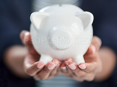 Buy stock photo Piggy bank, hands and savings for investing in future, financial freedom and money growth. Inflation, economy and wealth insurance with retirement fund, person and budget with cash for security