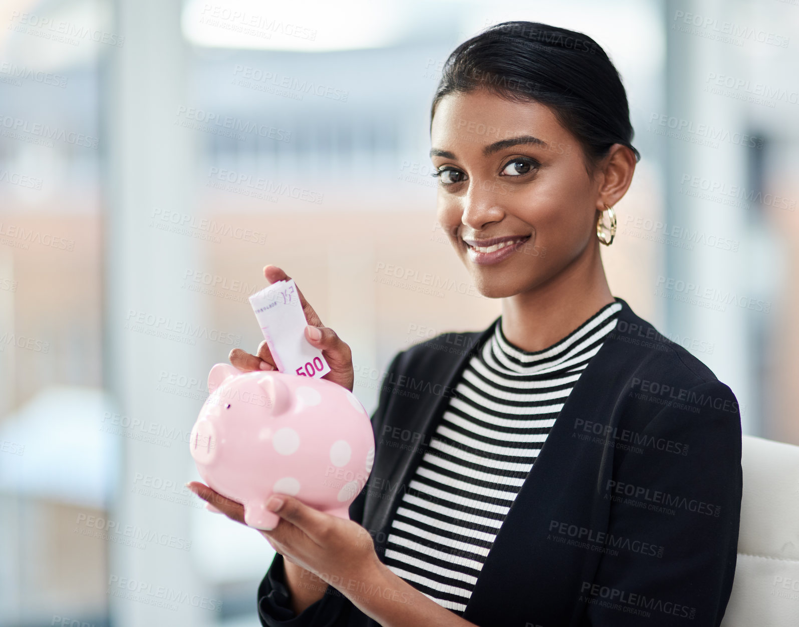 Buy stock photo Woman, piggy bank and saving money for future investment,
financial freedom and growth in a portrait. Inflation, economy and wealth insurance with retirement fund, budget and cash for security