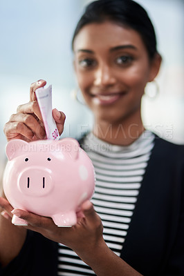 Buy stock photo Woman, hands with piggy bank and saving money for future investment, financial freedom and growth closeup. Inflation, economy and wealth insurance with retirement fund, budget and cash for security