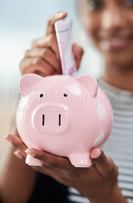 Buy stock photo Person, hands with piggy bank and saving money for future investment, financial freedom and growth closeup. Inflation, economy and wealth insurance with retirement fund, budget and cash for security