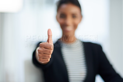 Buy stock photo Hand, thumbs up and agreement with support or success, pride or praise with like emoji for motivation. Person, feedback or review with approval gesture, subscribe or certified with voting for yes