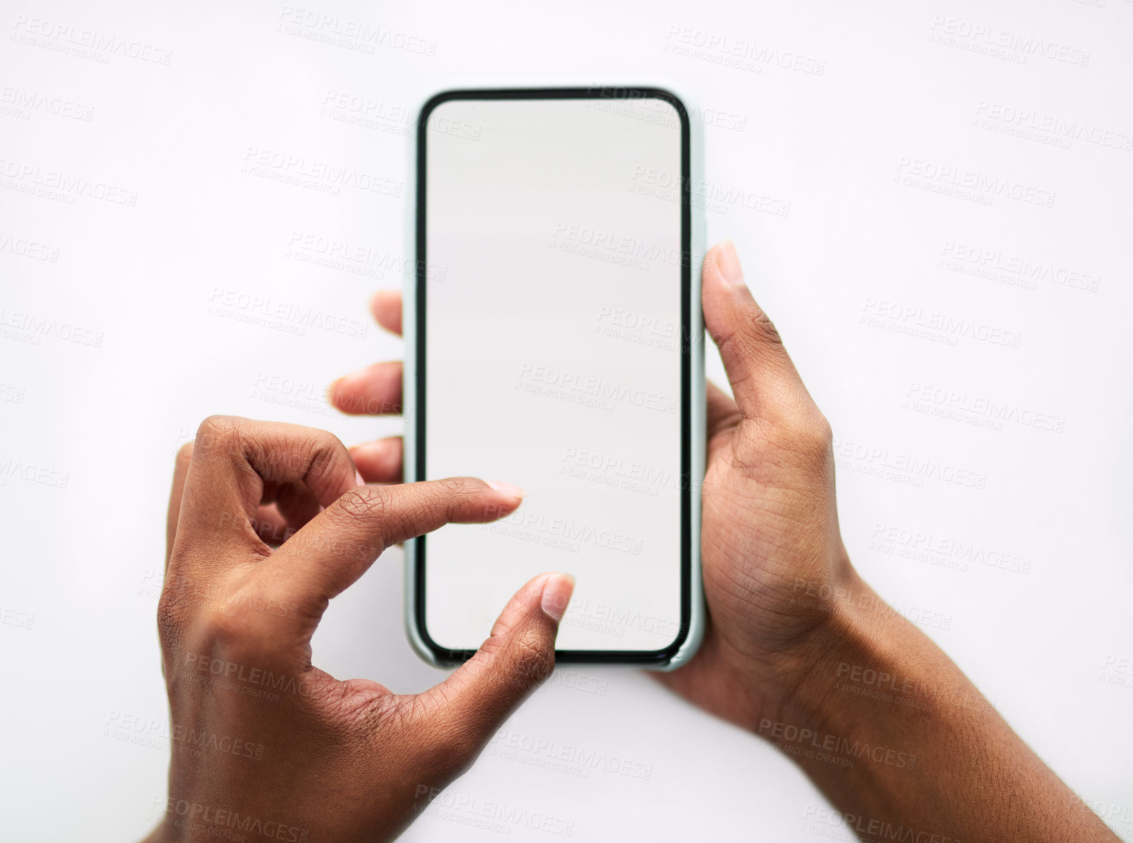 Buy stock photo Hands,, mockup space and woman with smartphone, typing and contact with social media and screen. Person, closeup and model with cellphone and mobile user with internet and technology with digital app